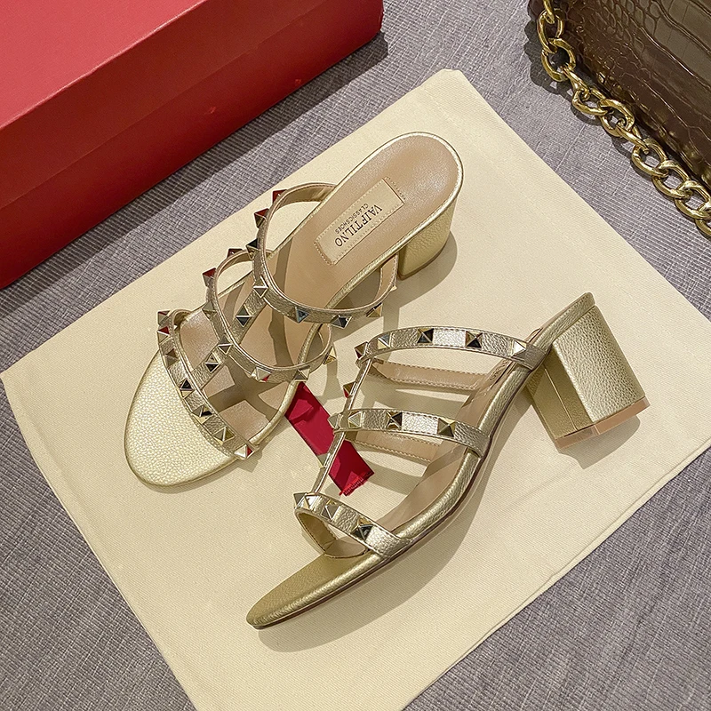 women's Heeled sandals summer 2025 New luxury woman sandals Leather Brand Rivets High Heels slipper Gladiator Ladies Shoes 6cm - Image 6